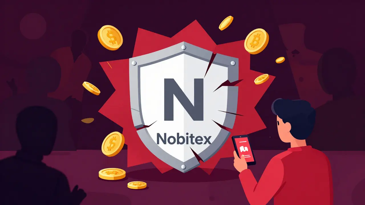 Cartoon depiction of the Nobitex exchange hack with digital assets draining away