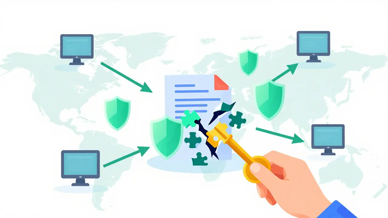 Cartoon graphic showing encrypted data shards being distributed to multiple secure nodes.