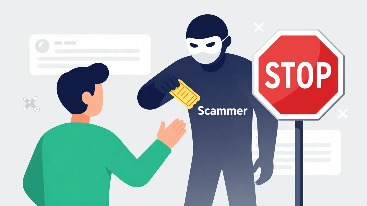 Cartoon showing a user avoiding a crypto scammer's fake offer