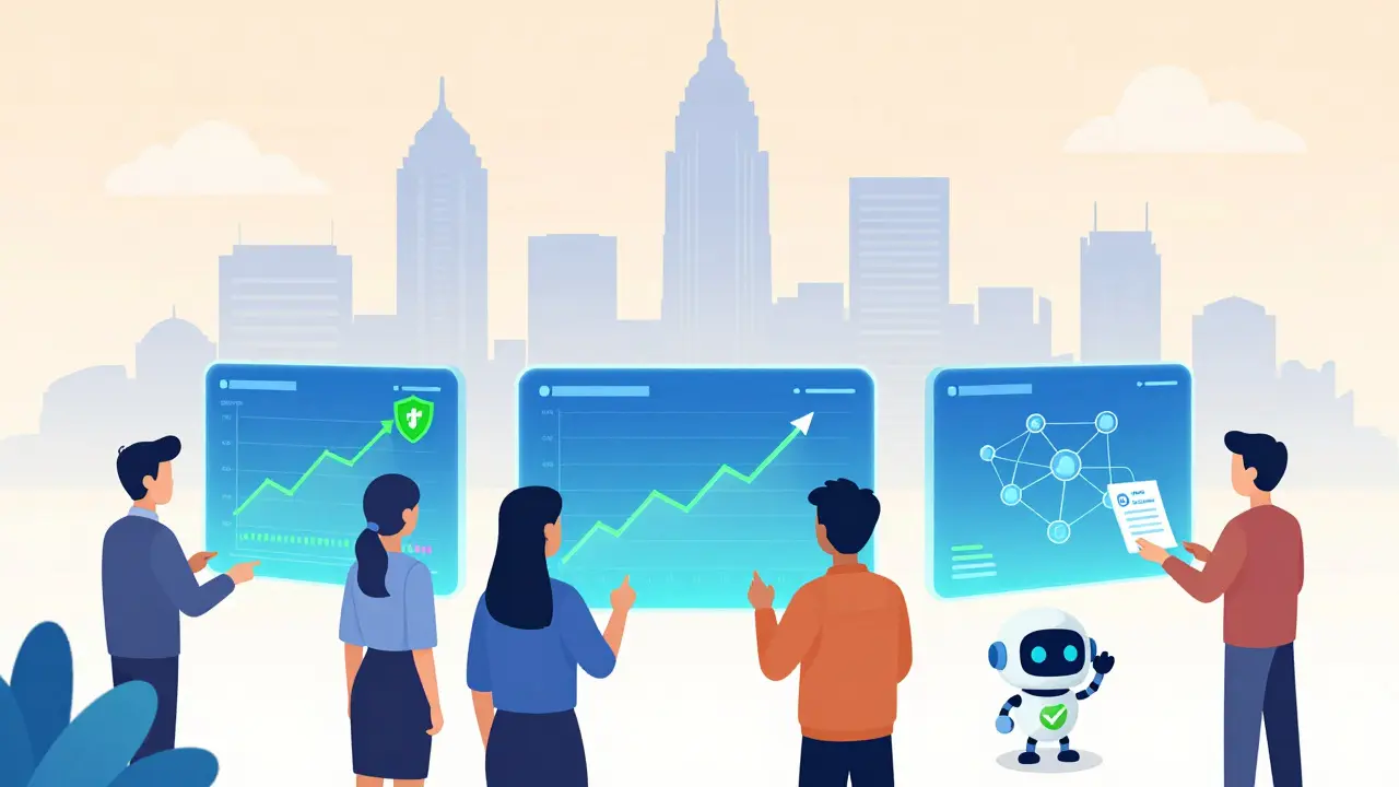 Cartoon style image of Thai traders using secure digital platforms with futuristic city background.