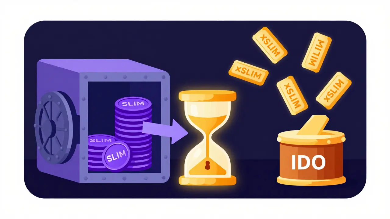 Conceptual art showing SLIM tokens staking to earn xSLIM rewards