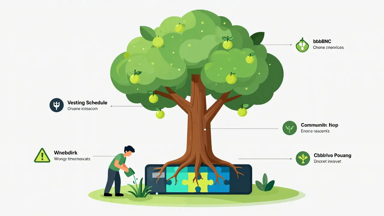 Conceptual flat art of a value tree growing from a wallet, symbolizing BNC tokenomics and safety.