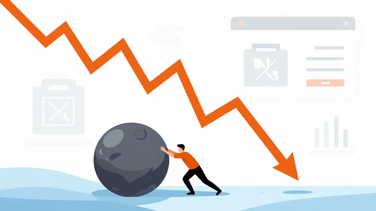 Crashing price graph with a figure struggling against market slippage