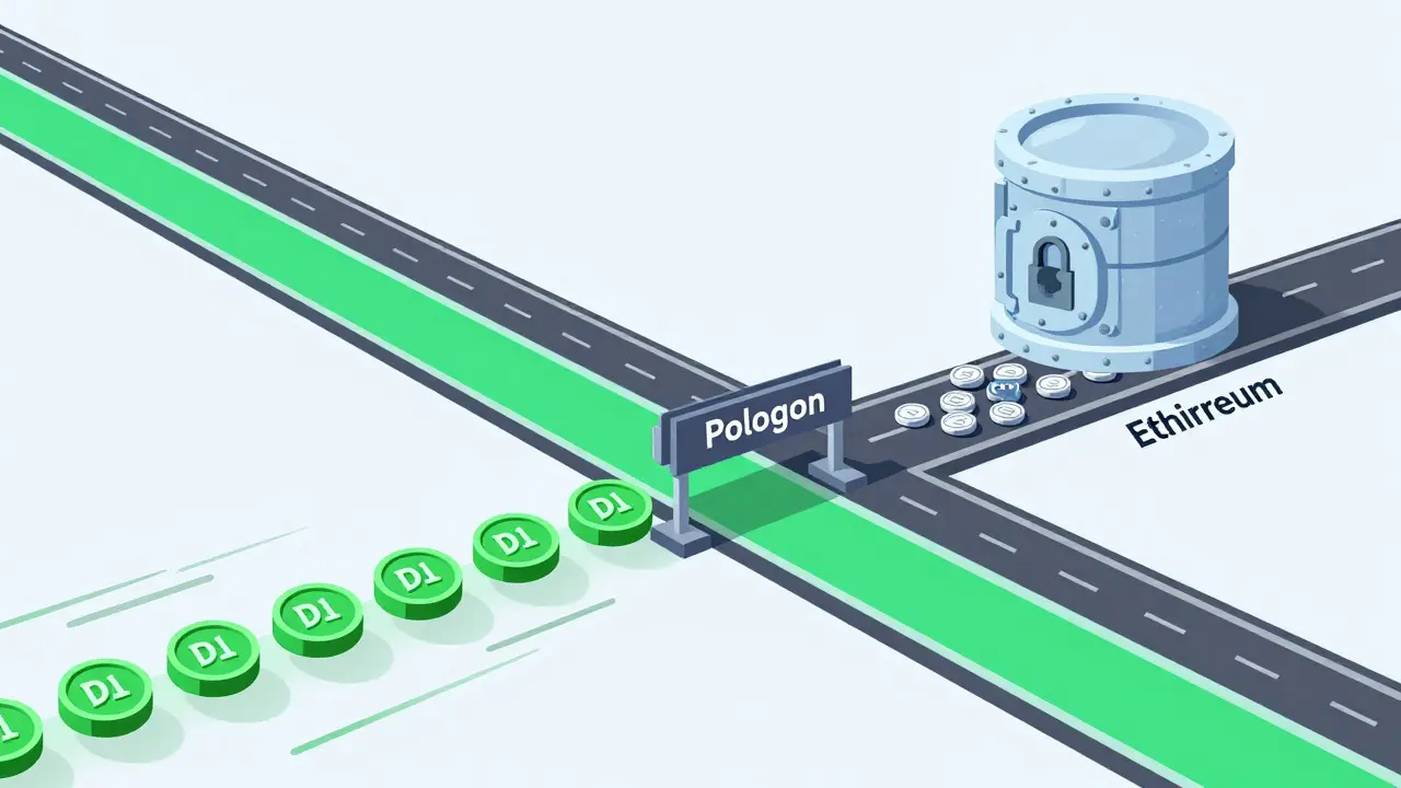 DAI tokens flowing efficiently on Polygon network while USDT remains frozen in a vault.