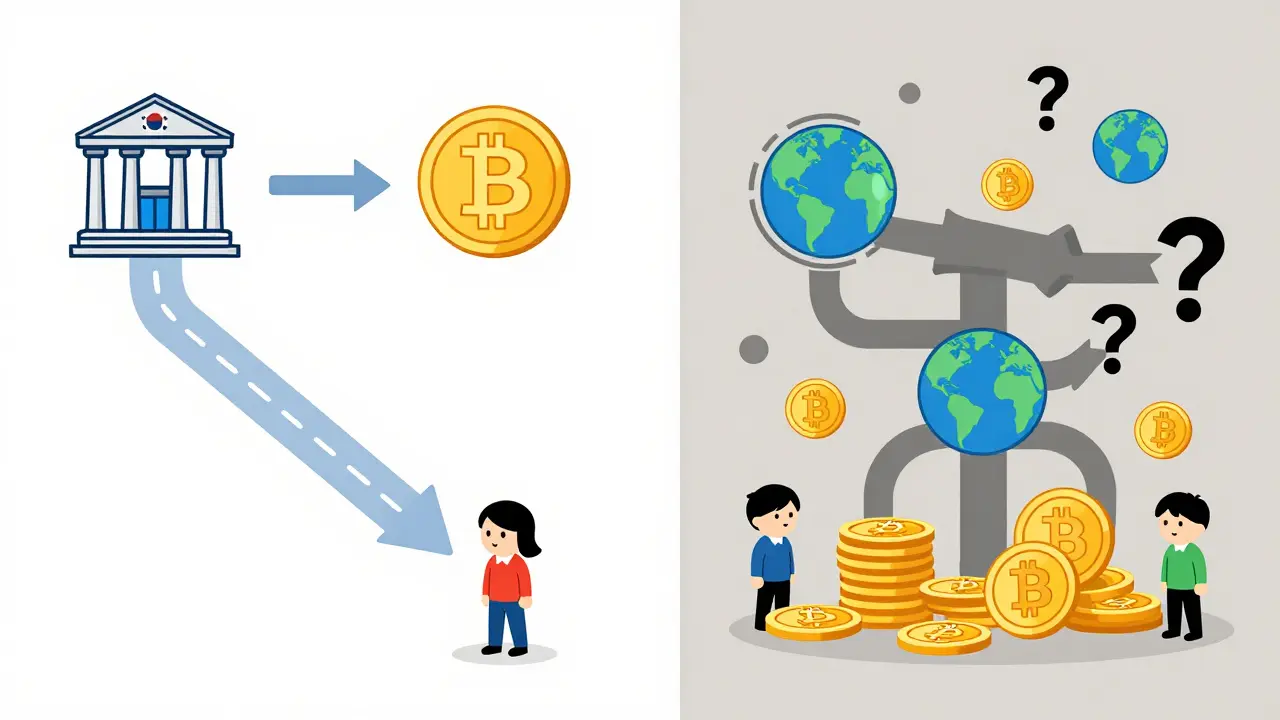 Flat cartoon comparing seamless local banking vs complex global crypto exchange paths.