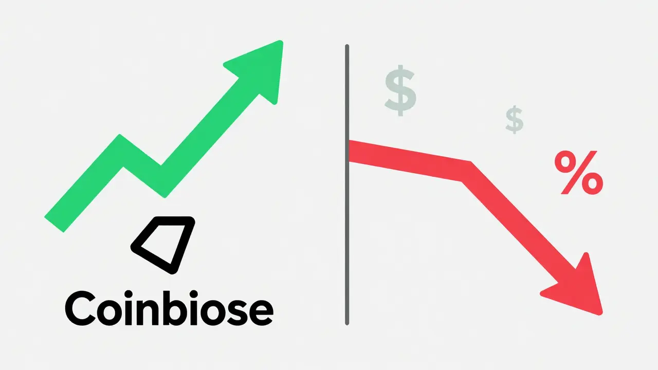 Flat graphic showing diverging price arrows on two crypto platforms with floating money symbols.