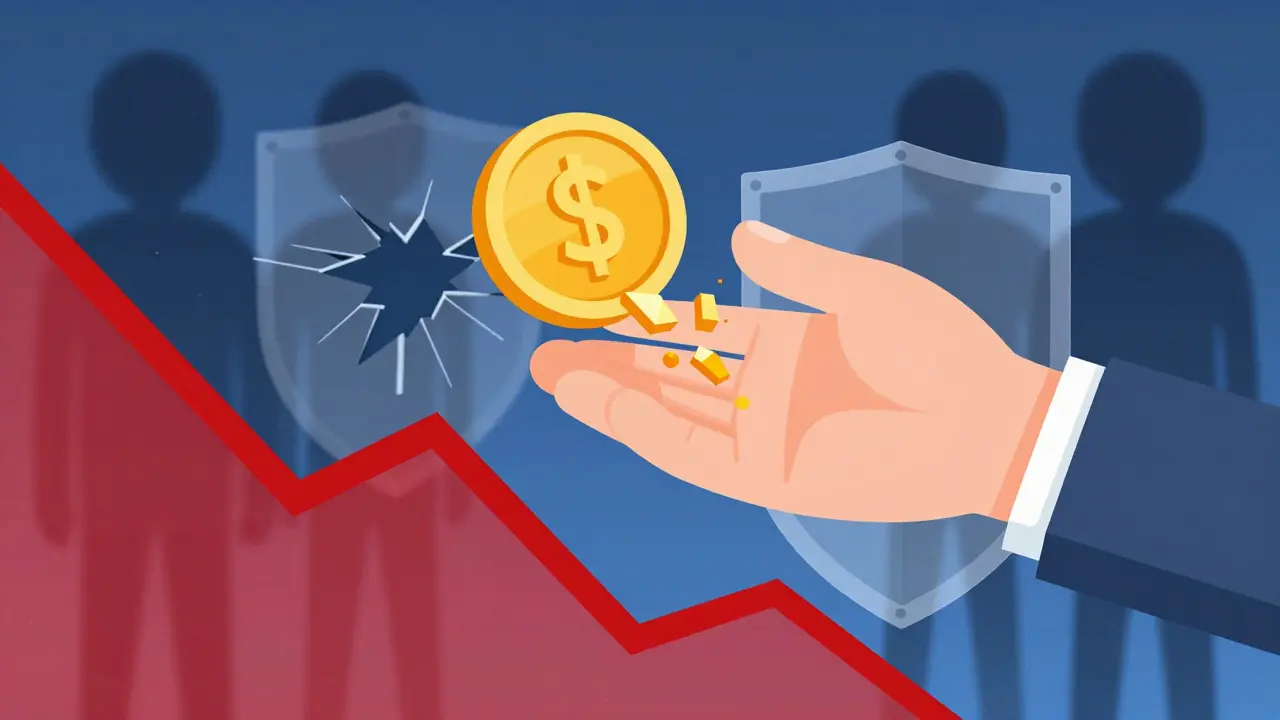 Flat illustration of a hand grasping a dissolving coin above a crashing red chart line.