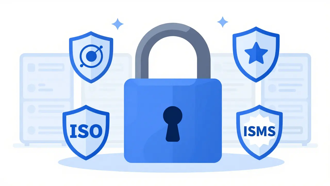 Flat illustration of a secure digital vault with certification shields and cold storage.