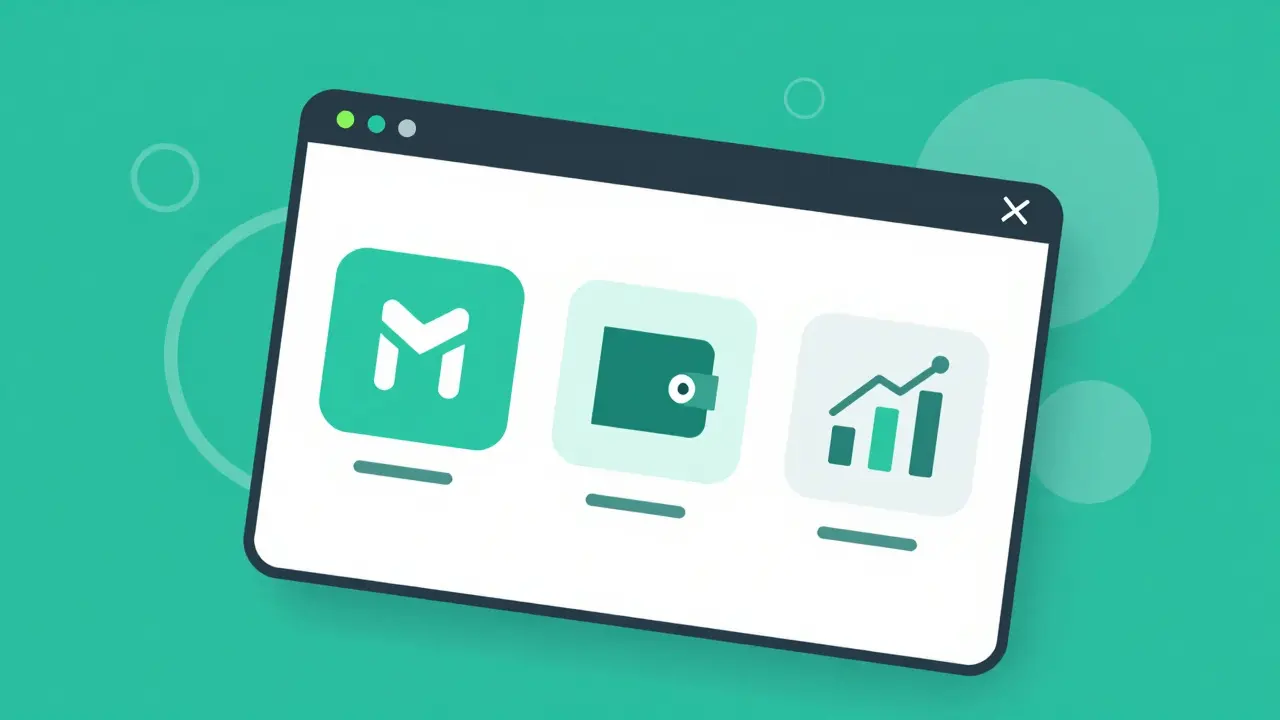 Flat illustration of a unified DeFi dashboard with trading tools