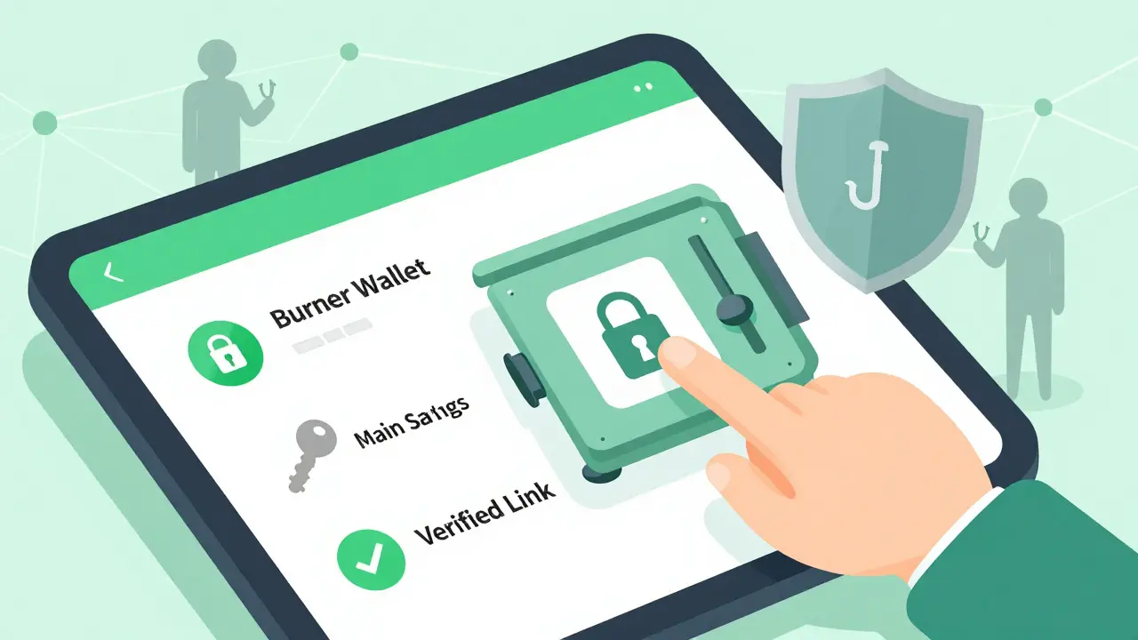 Flat illustration of secure burner wallet setup separating main funds from risks
