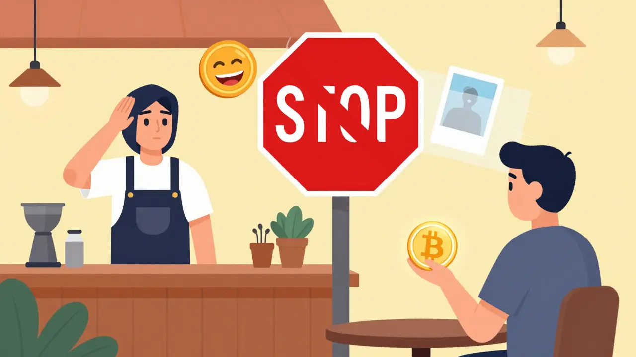 Flat illustration showing banned crypto assets like privacy coins and memes being rejected at a Thai cafe.