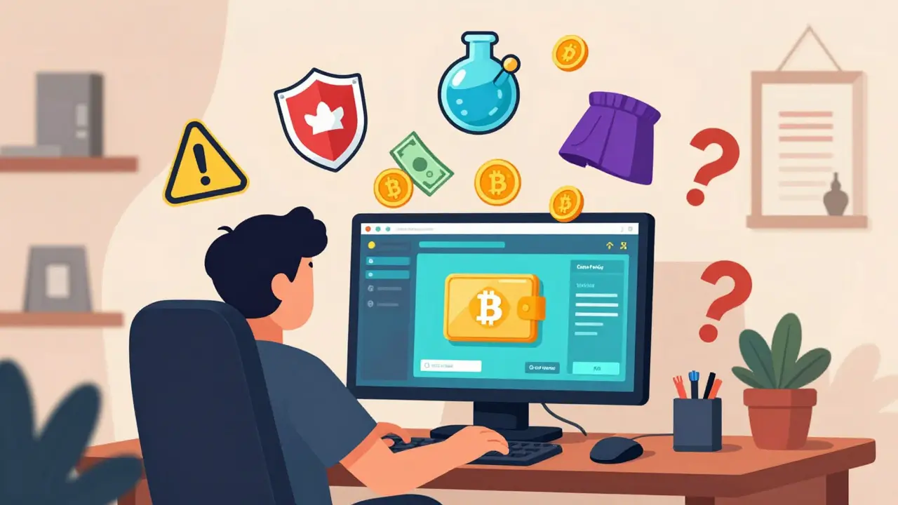 Gamer trading digital game assets for money, with risk warnings floating nearby.