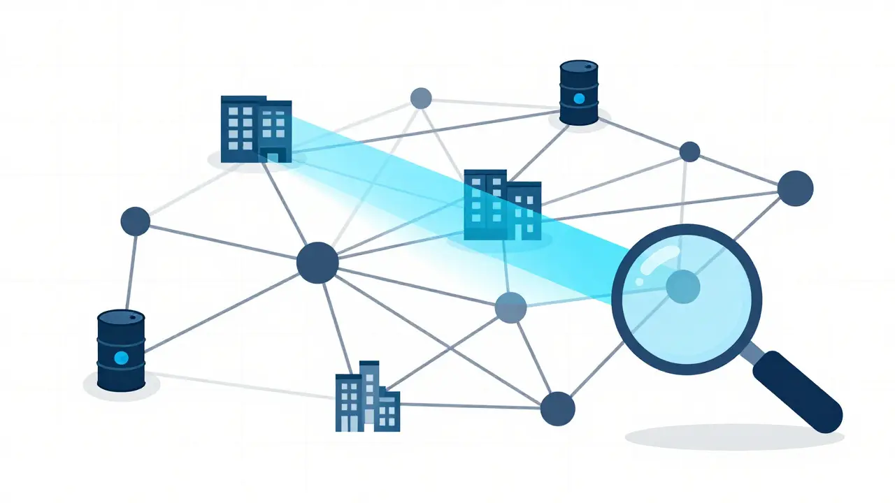 Graphic showing blockchain analytics tracing hidden financial networks and transactions