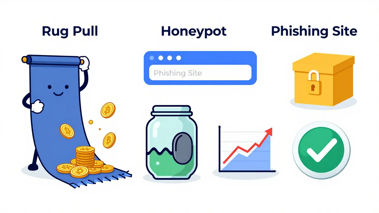 Illustration comparing crypto scams like rug pulls with legitimate trading practices