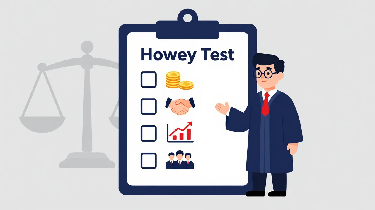 Illustration of a judge holding a clipboard with the four steps of the Howey Test.