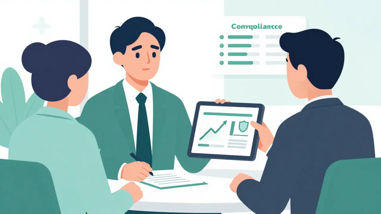 Illustration of a lawyer helping a client organize crypto records for compliance.