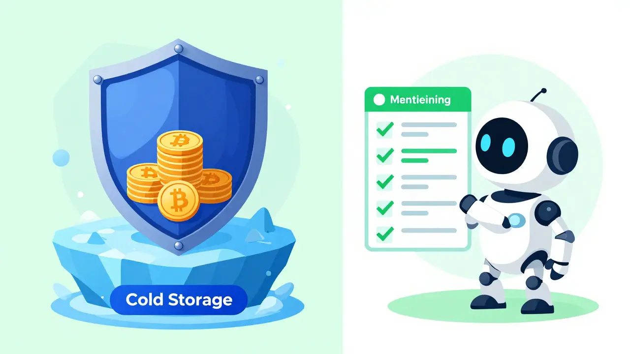 Illustration of new security shields, cold storage icebergs, and an AI monitoring robot.
