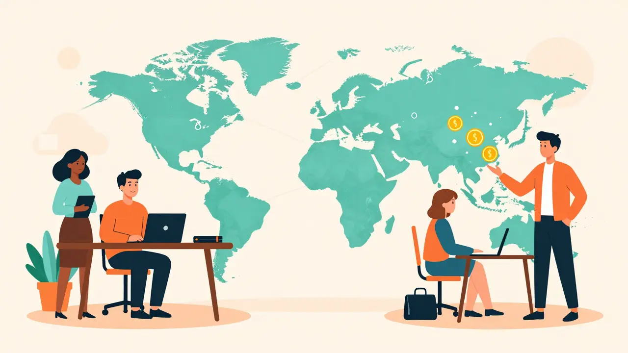Illustration of users globally earning tokens by sharing unused hard drive space on a network.