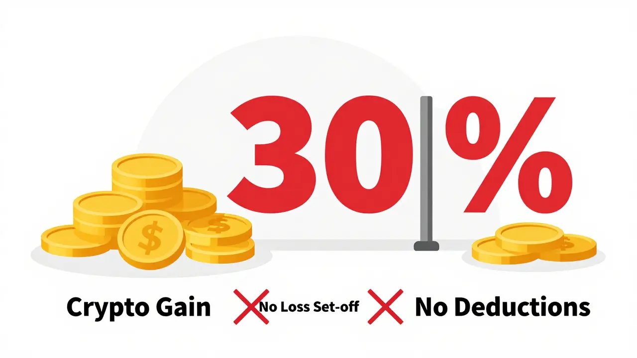 Illustration showing 30% flat tax on crypto gains with no deductions