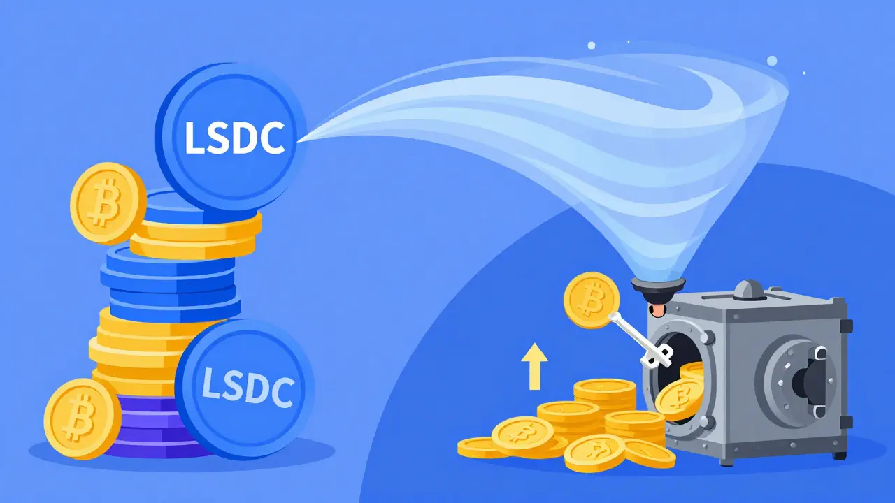 Illustration showing LSDC stablecoin creation and capital efficiency via CLIP