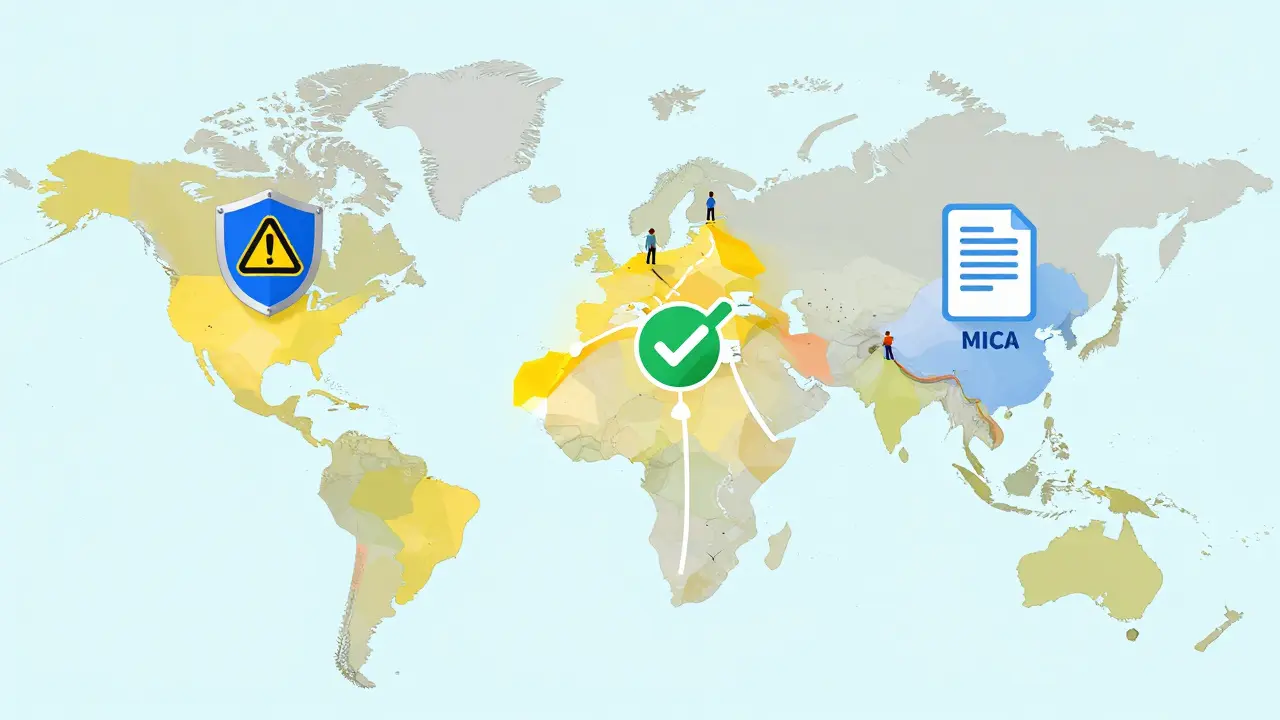 Map showing different regulatory approaches for crypto tokens in the US, Switzerland, and EU.