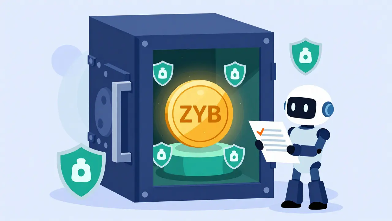 Secure digital vault protecting ZYB tokens with shield icons