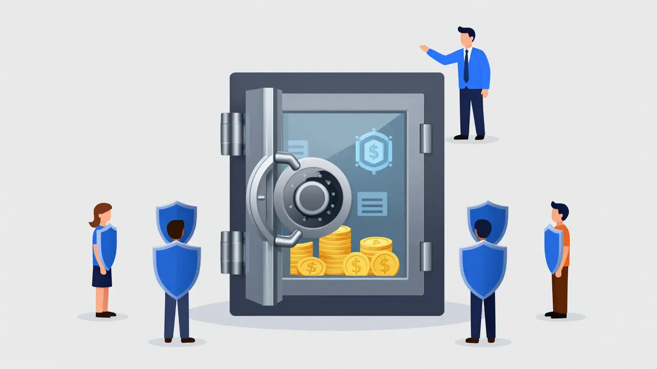 Secure vault with validators protecting funds in flat illustration style