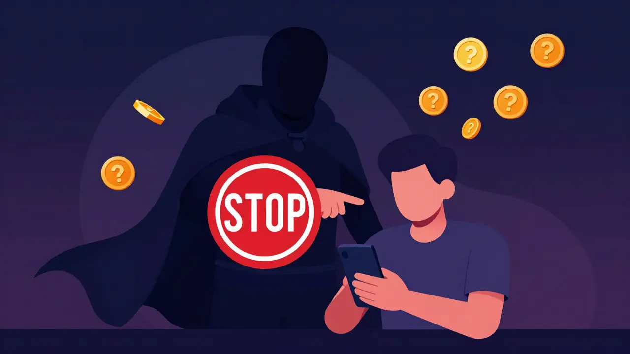 Shadowy scammer figure threatening a user with fake coins in a dark setting.
