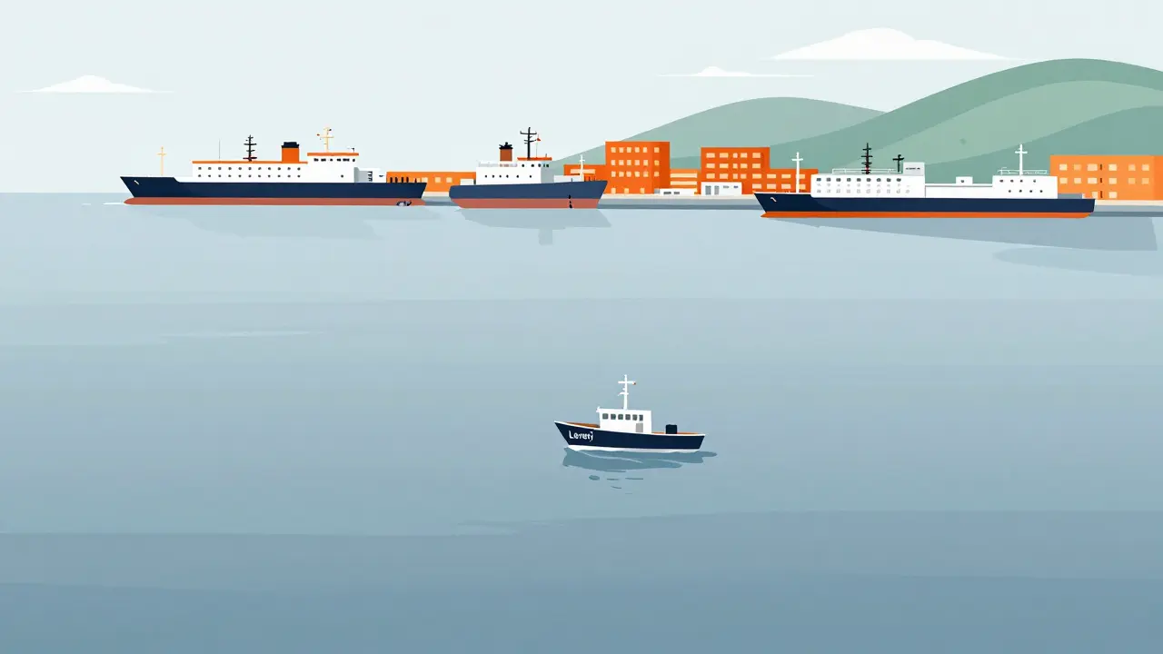 Small isolated boat on empty sea vs busy harbor of major exchanges