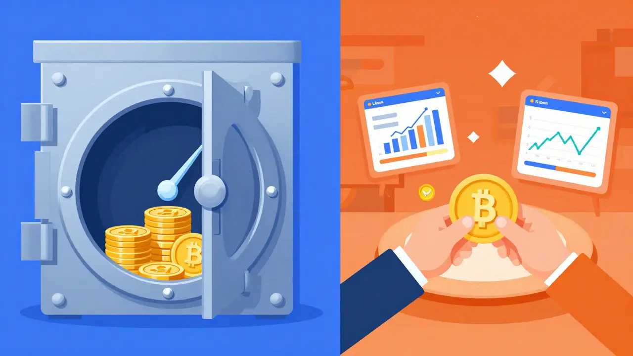 Split illustration comparing LBank holding vaults and KuCoin trading floors for BNC airdrops.