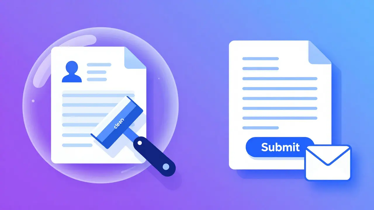 Split view showing metadata removal from a document for submission