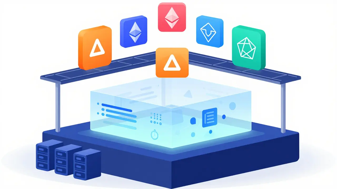 Three-layer DeFi architecture visualization in flat illustration style
