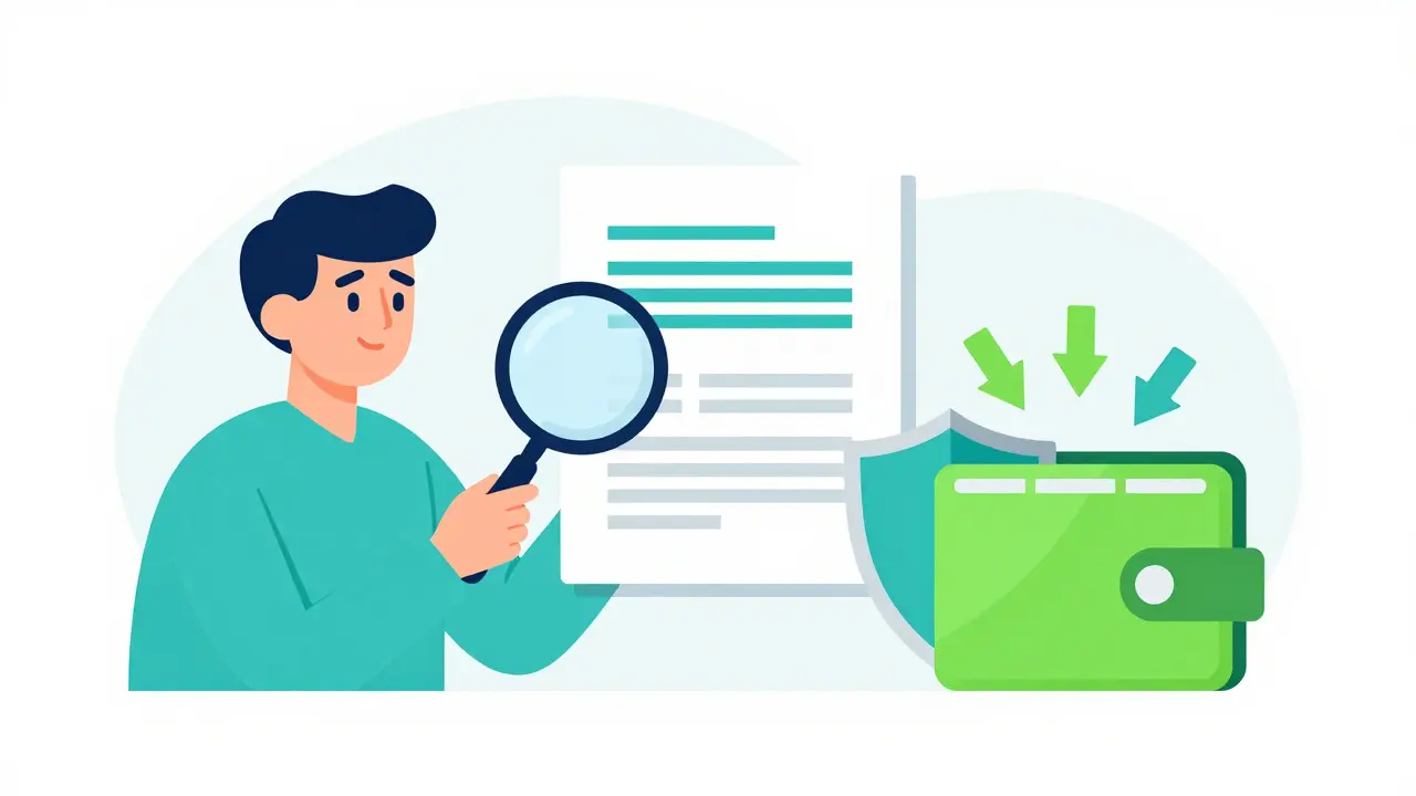 User checking official documents with a magnifying glass for security verification.