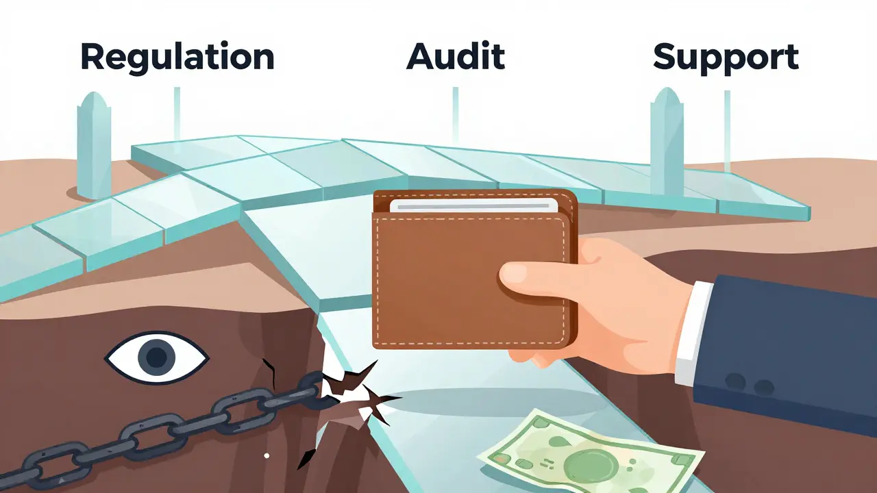 Wallet hovering over chasm with risk symbols below and safe bridge above