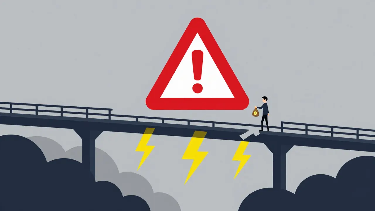 Warning sign over fragile digital bridge representing security risks