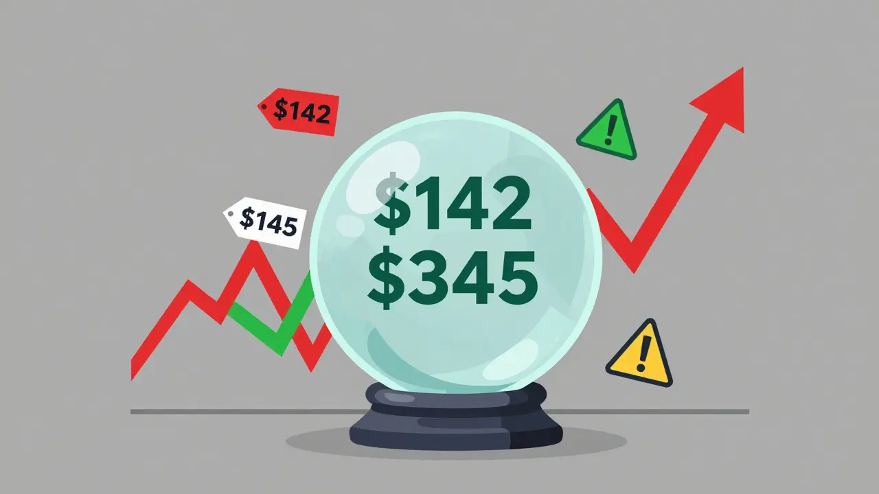 A crystal ball with conflicting price tags and a volatile graph, symbolizing market risk.