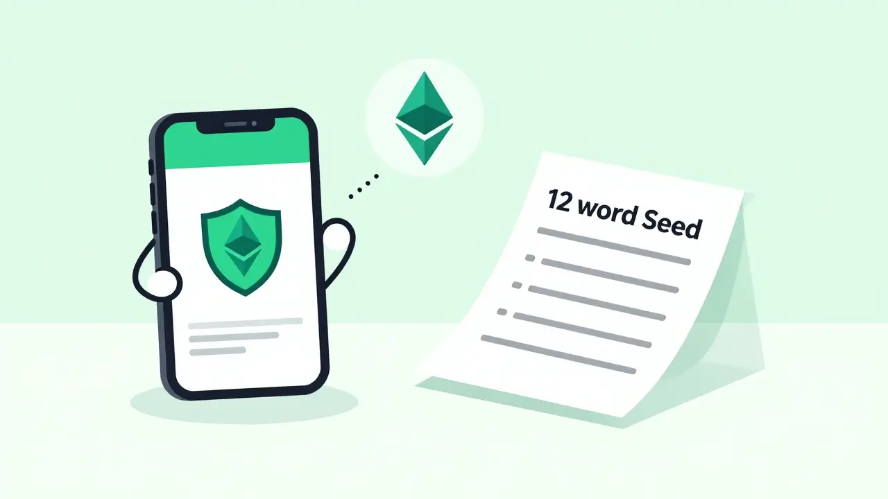 A user securing crypto tokens with a wallet app and written seed phrase on paper.