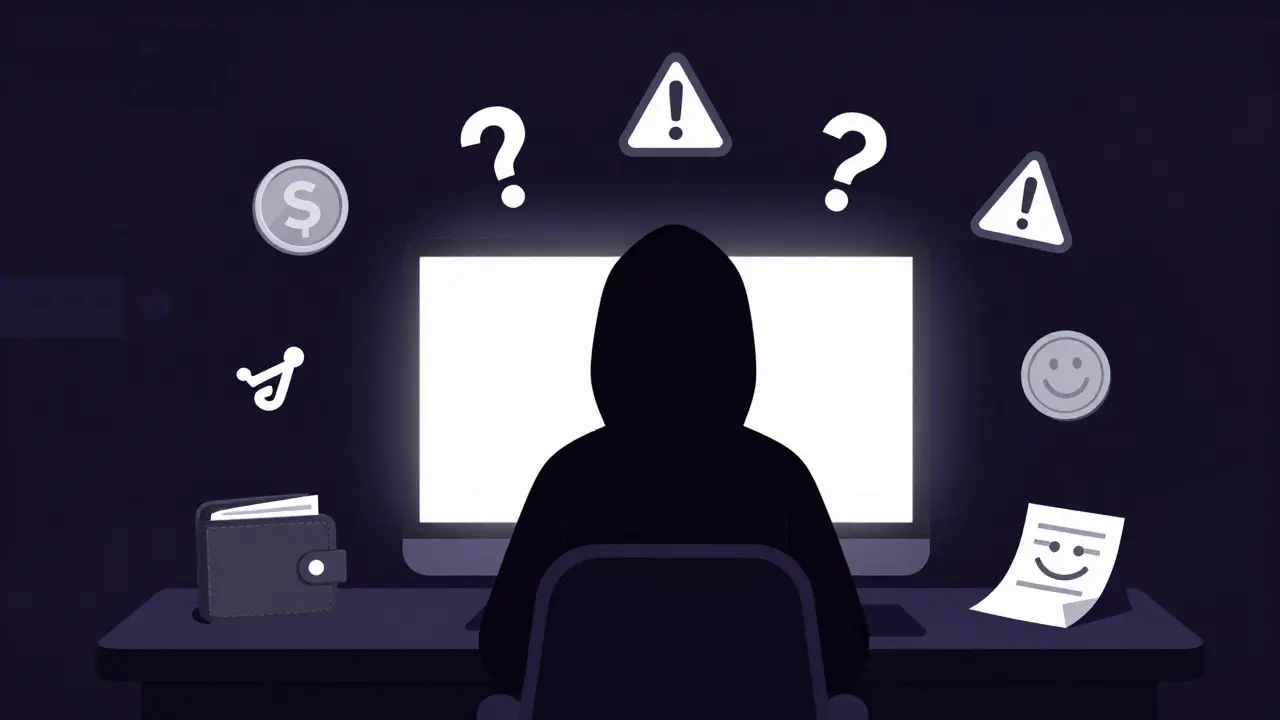 Anonymous hooded figure behind a computer with warning symbols