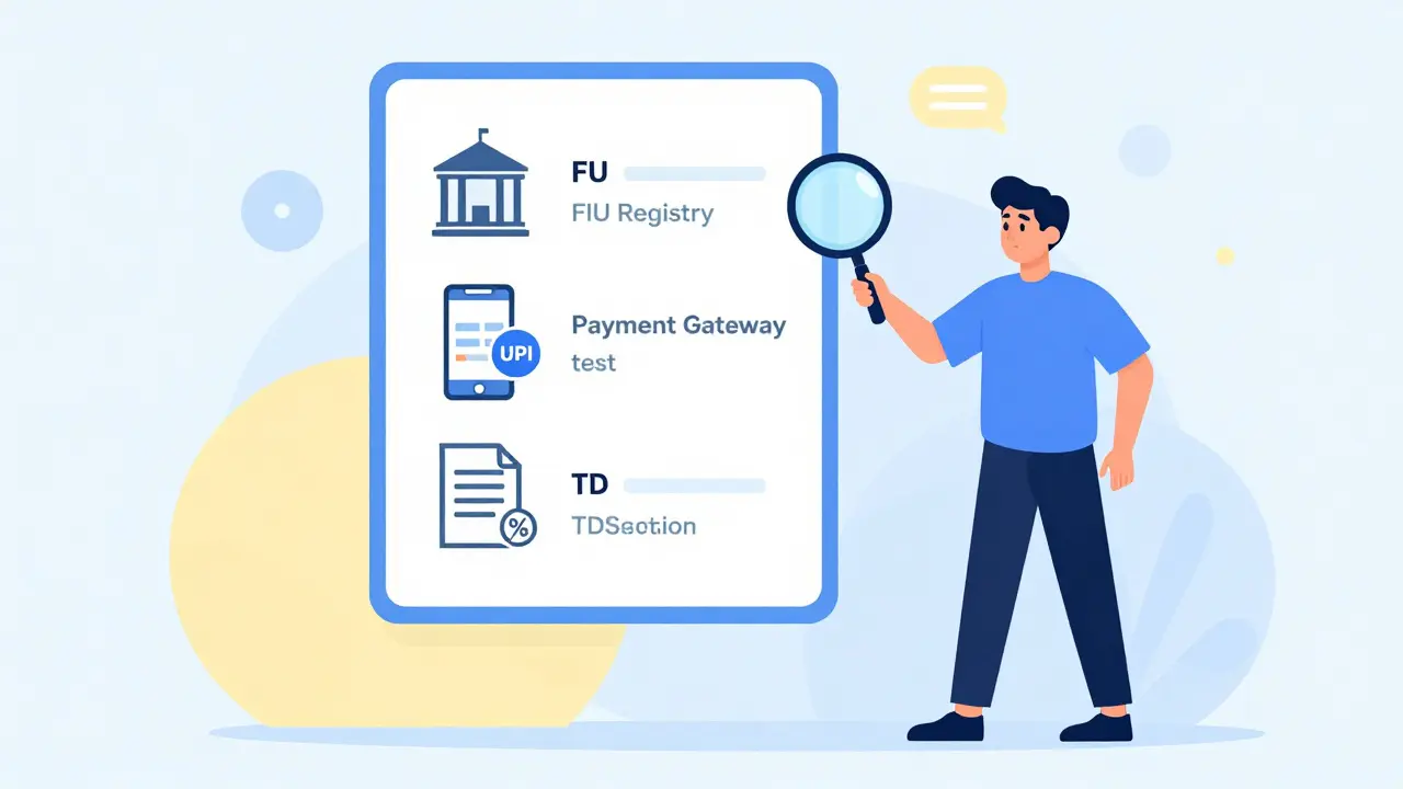 Character checking compliance icons like FIU registry and UPI payments