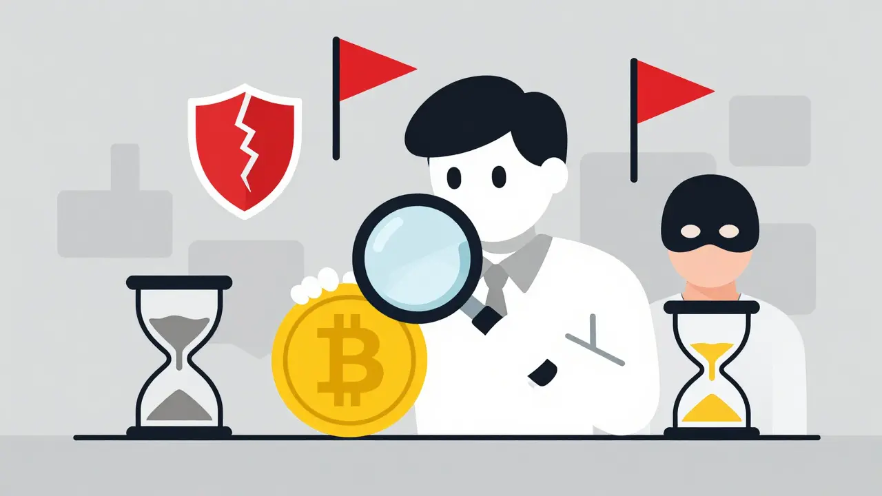 Detective inspecting crypto red flags like no audits and anonymous teams