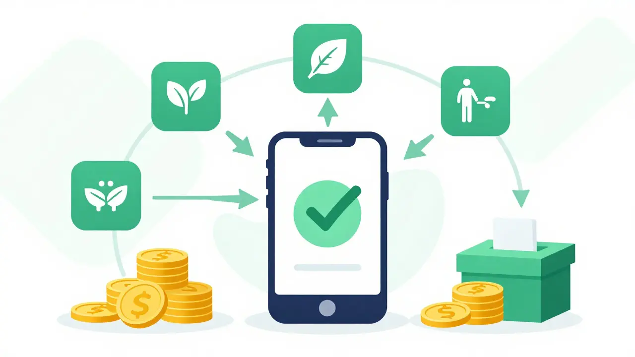 Diagram showing app verification linking actions to rewards