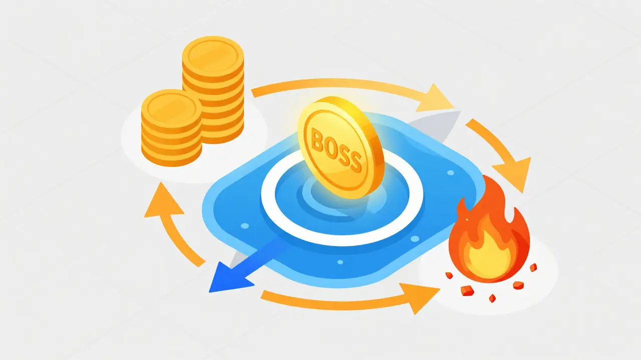 Diagram showing Boss Token's reward, liquidity, and burn mechanisms in flat style.