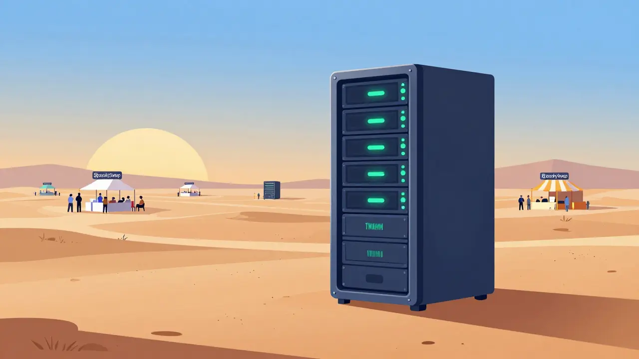 Futuristic tech vault standing alone in an empty desert, symbolizing low liquidity
