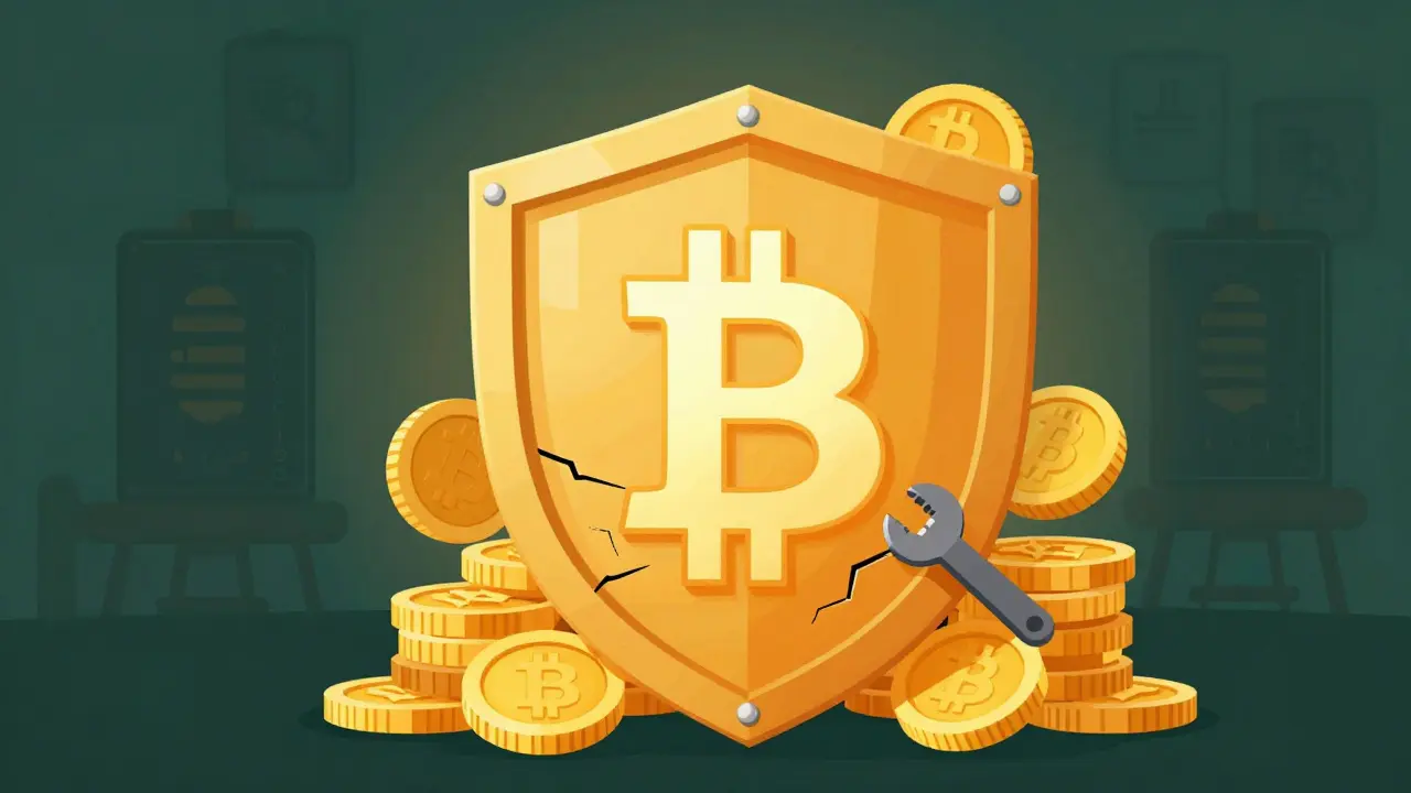 Golden shield protecting a Bitcoin logo from mining rig silhouettes