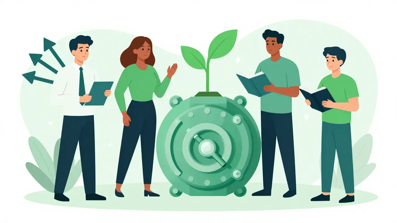 Group of traders around a secure vault symbol