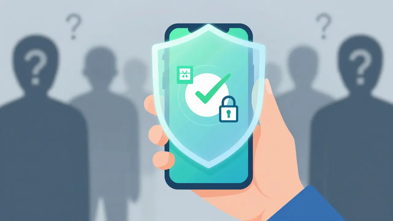 Hand holding phone with digital shield blocking scam threats