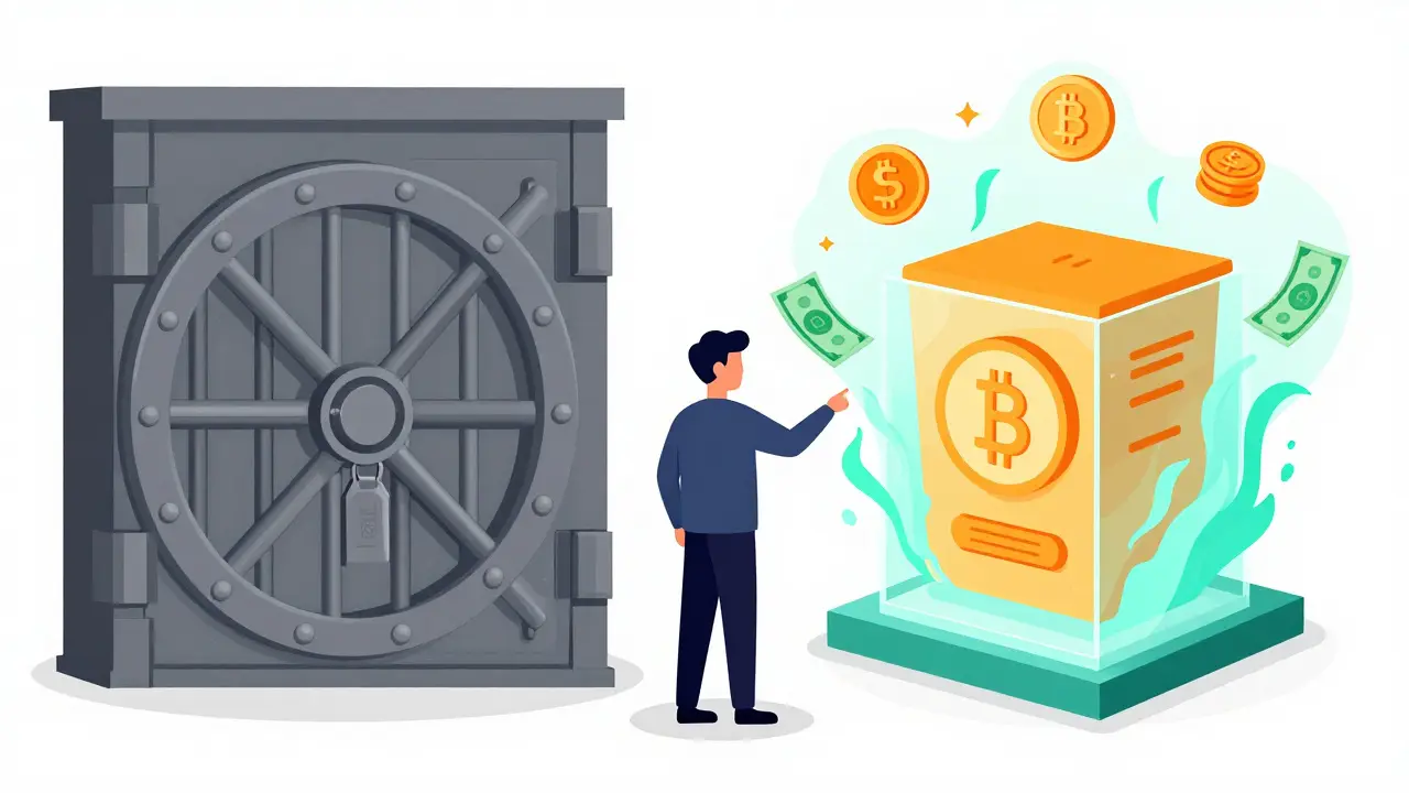 Illustration comparing traditional bank interest vs crypto lending
