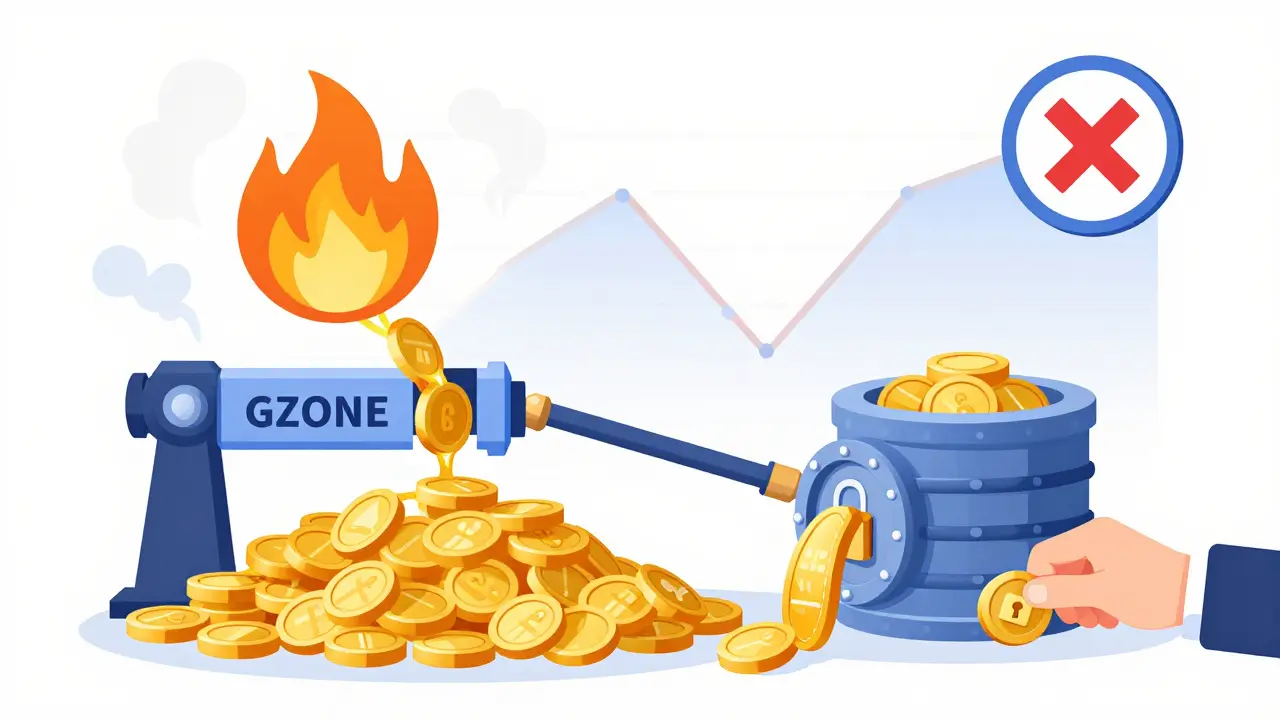 Illustration depicting GZONE token burning and staking mechanics simply.