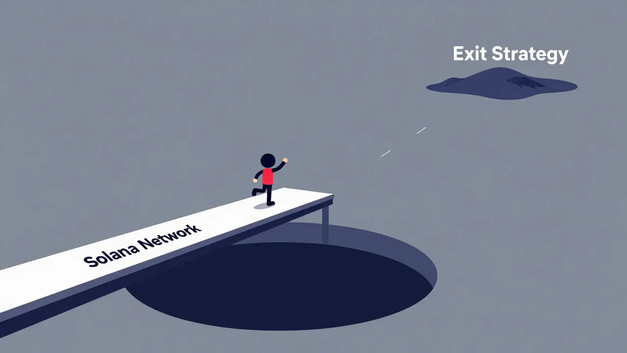 Illustration of a trader struggling on a thin bridge over a void