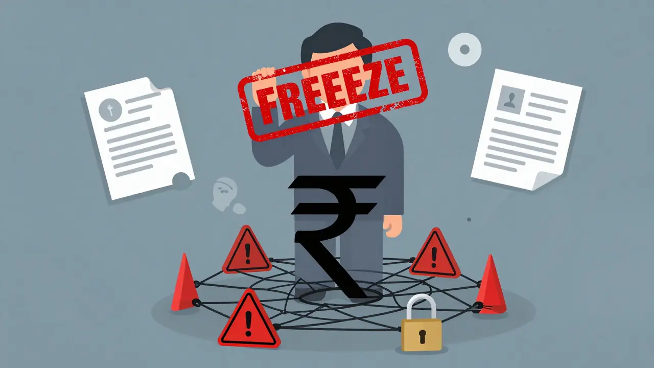 Illustration of Indian Rupee trapped by banking freeze and enforcement risks